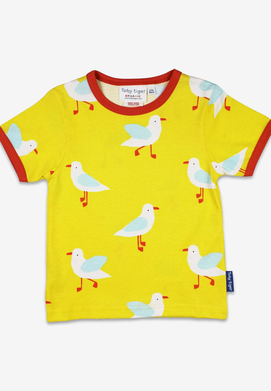 Gelbes Bio-Baumwoll Kurzarmshirt mit Möwen-Druck
