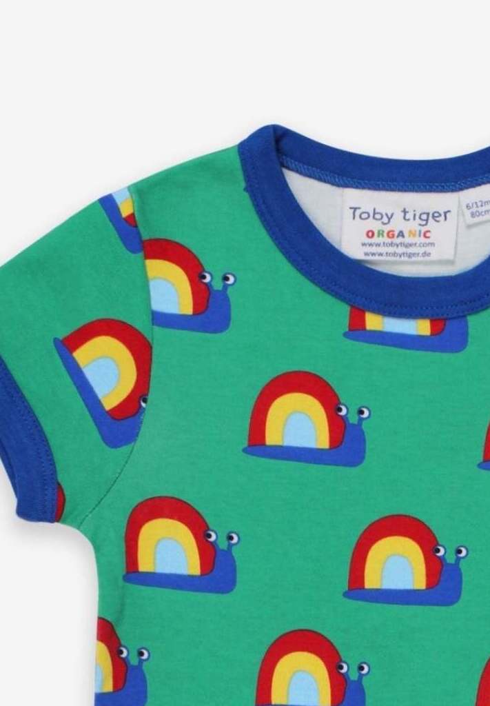 Premium baby t-shirt with colorful snail print, certified organic cotton, snap button closure, soft and comfortable by Toby Tiger at brixbailey.com