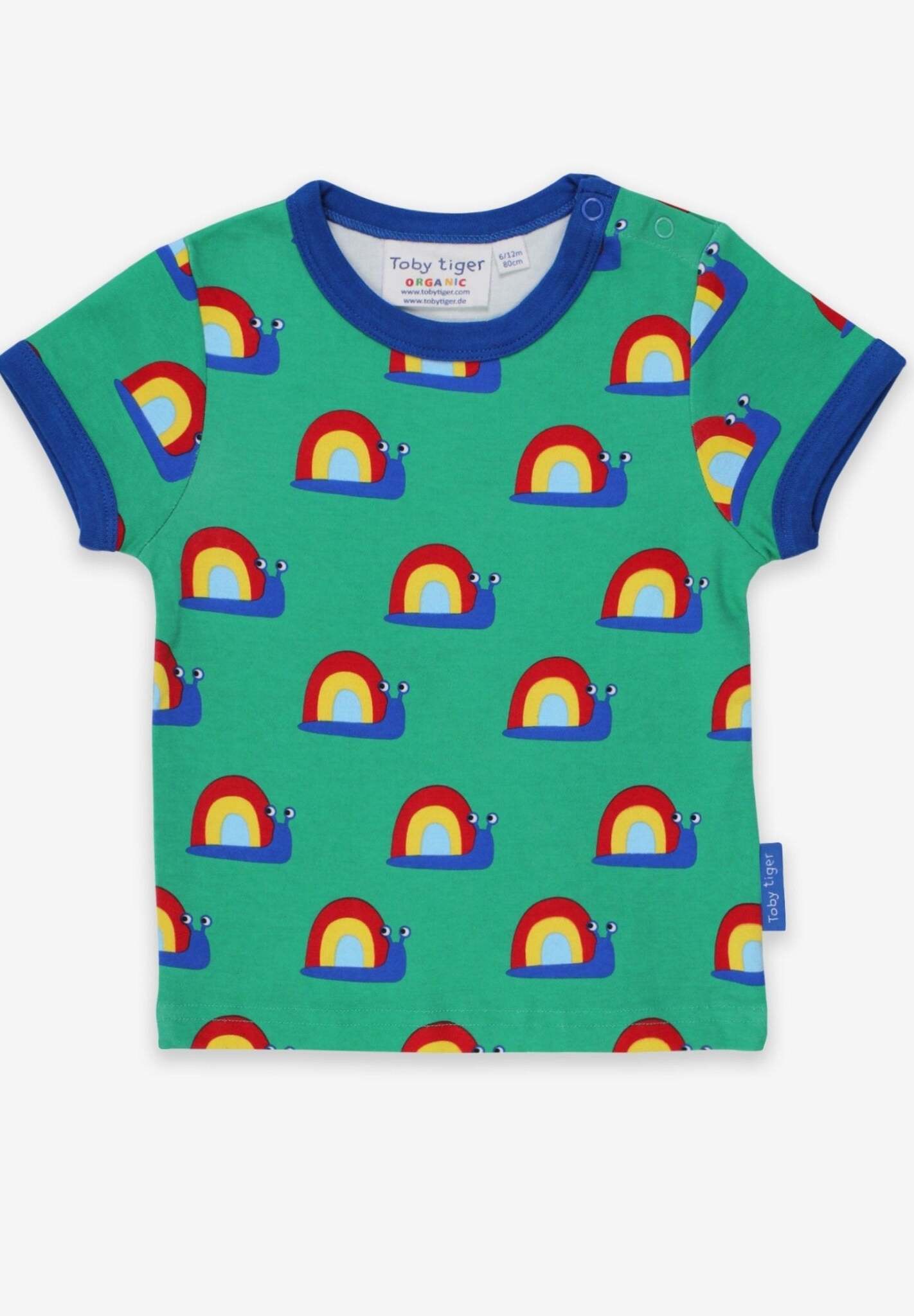 Premium baby t-shirt with colorful snail print, soft organic cotton, snap-button neck, stylish and comfortable, best-selling kids clothing by Toby Tiger at brixbailey.com
