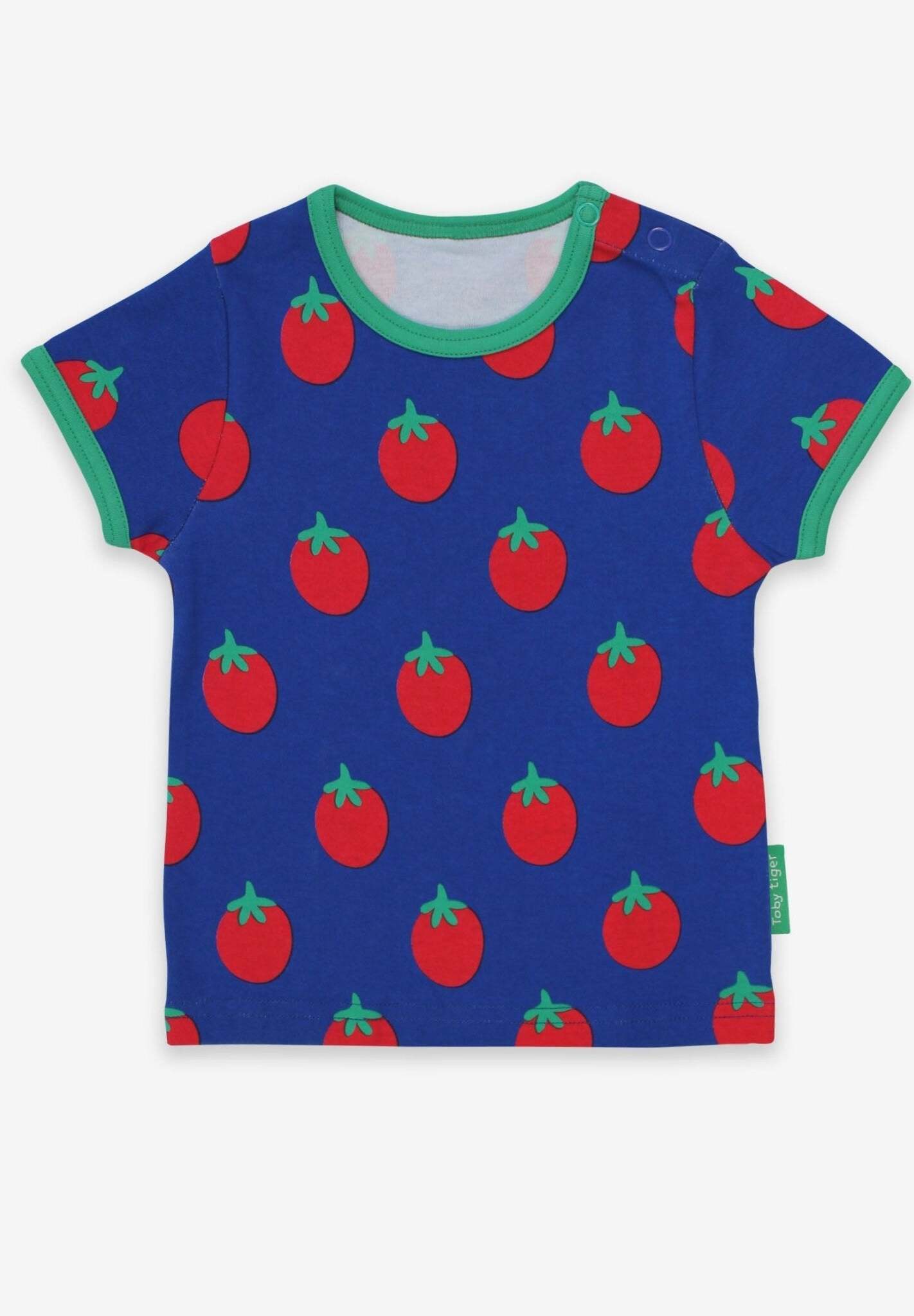 Premium baby t-shirt with tomato print, soft organic cotton, snap buttons, stylish Toby Tiger design, best-selling kids clothing by Toby Tiger at brixbailey.com