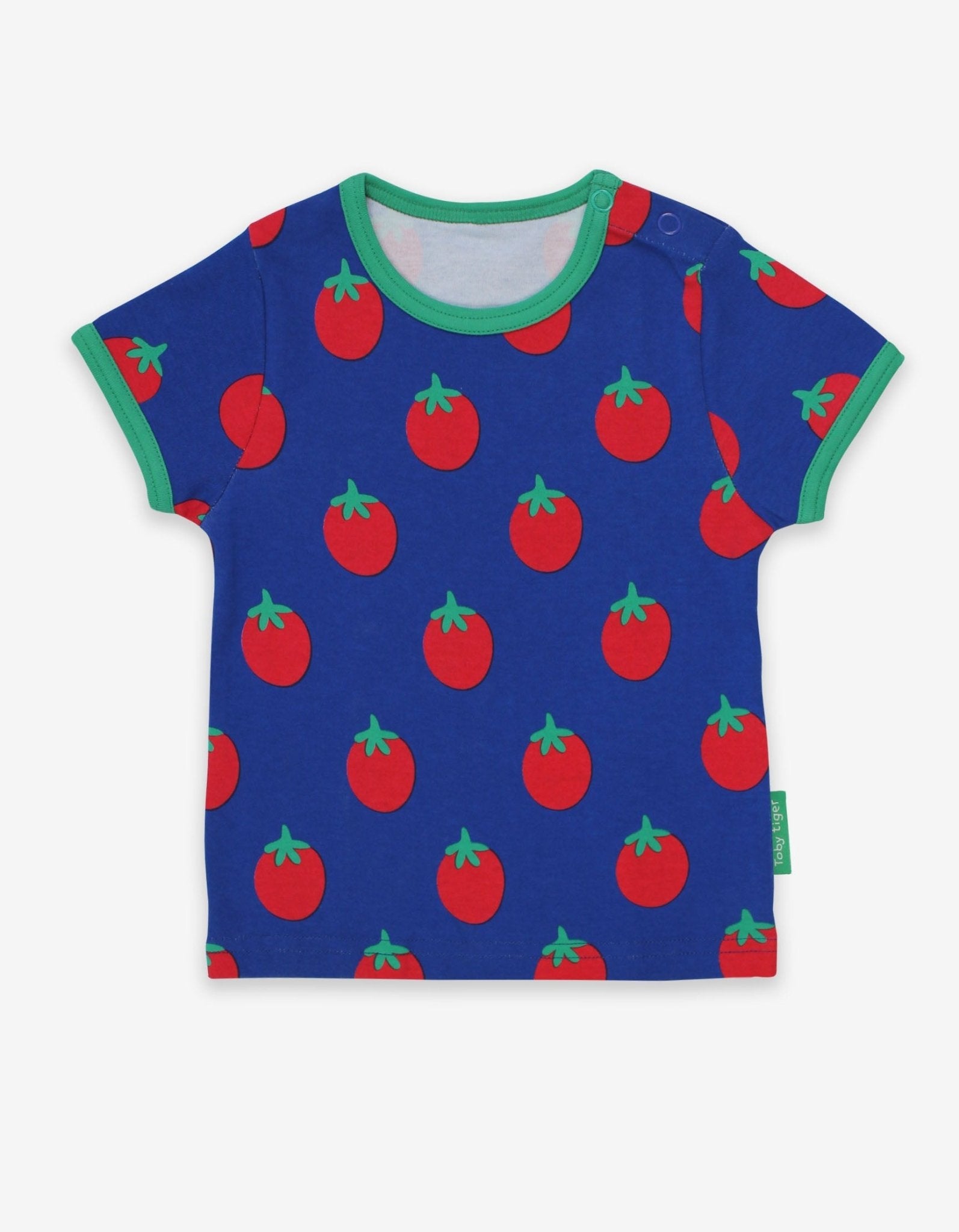 Premium baby tomato print short sleeve t-shirt, soft organic cotton, stylish Toby Tiger design, snap button closure, eco-friendly dyes by Toby Tiger at brixbailey.com