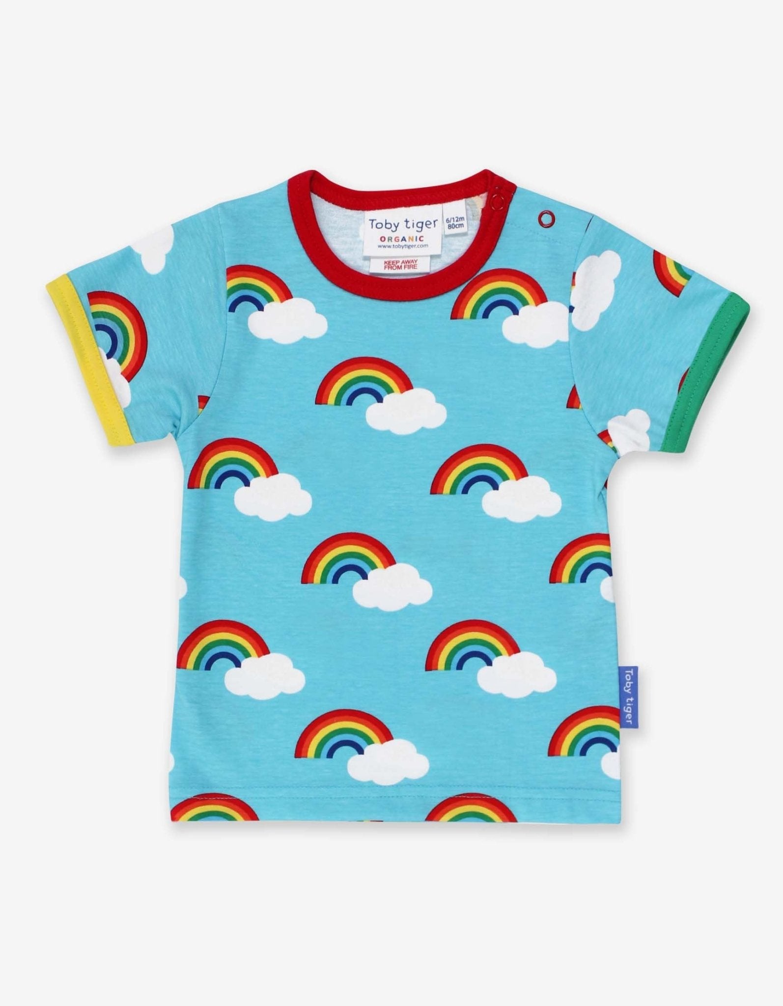 Premium organic cotton rainbow print kids t-shirt, soft GOTS-certified turquoise top with colorful trim, stylish snap buttons for toddlers by Toby Tiger at brixbailey.com