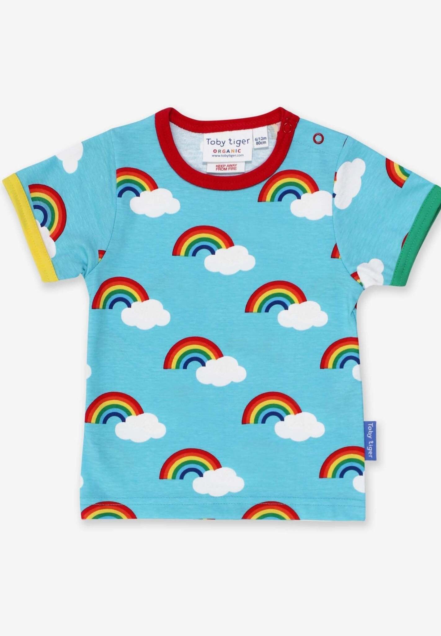 Luxury turquoise rainbow print organic cotton kids t-shirt, soft GOTS certified, stylish colorful trim, snap buttons for toddlers by Toby Tiger at brixbailey.com