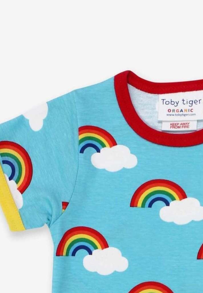 Premium turquoise rainbow print kids t-shirt, soft organic cotton, stylish colorful trim, snap buttons, GOTS certified, trendy playful design by Toby Tiger at brixbailey.com
