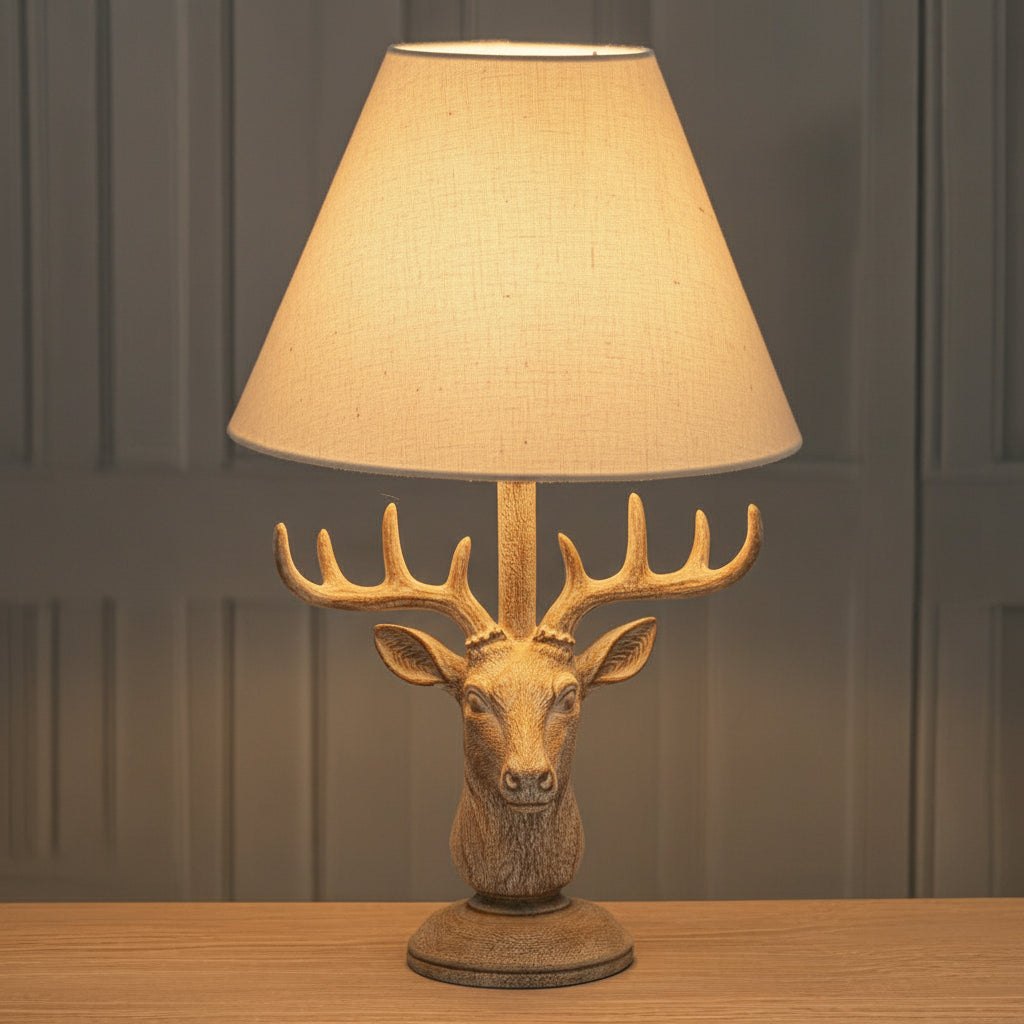 Stag Head Table Lamp with Natural Linen Shade