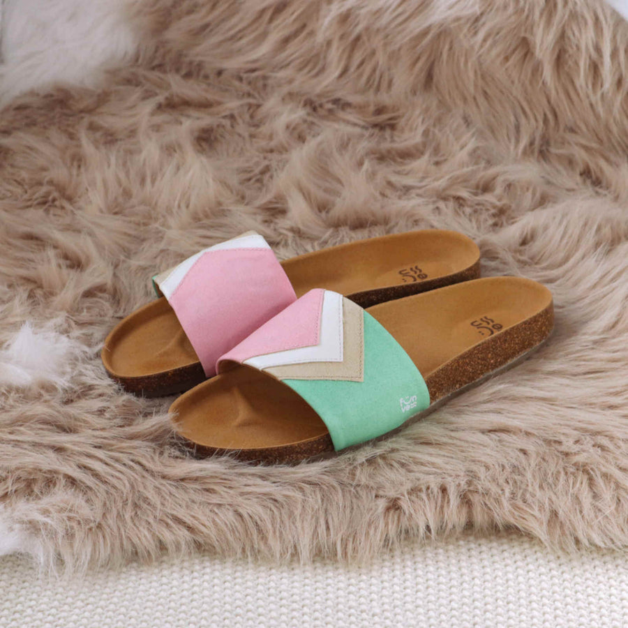 Premium vegan strawberry pink sandals, stylish and comfortable with ergonomic footbed, slip-resistant sole, eco-friendly fair fashion by Fünve at brixbailey.com