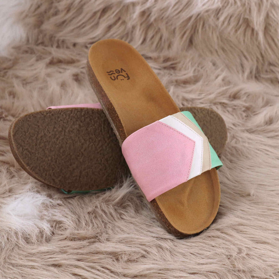 Premium vegan sandals in strawberry pink, white, nude, mint, with ergonomic footbed, slip-resistant sole, eco-friendly European fair fashion by Fünve at brixbailey.com