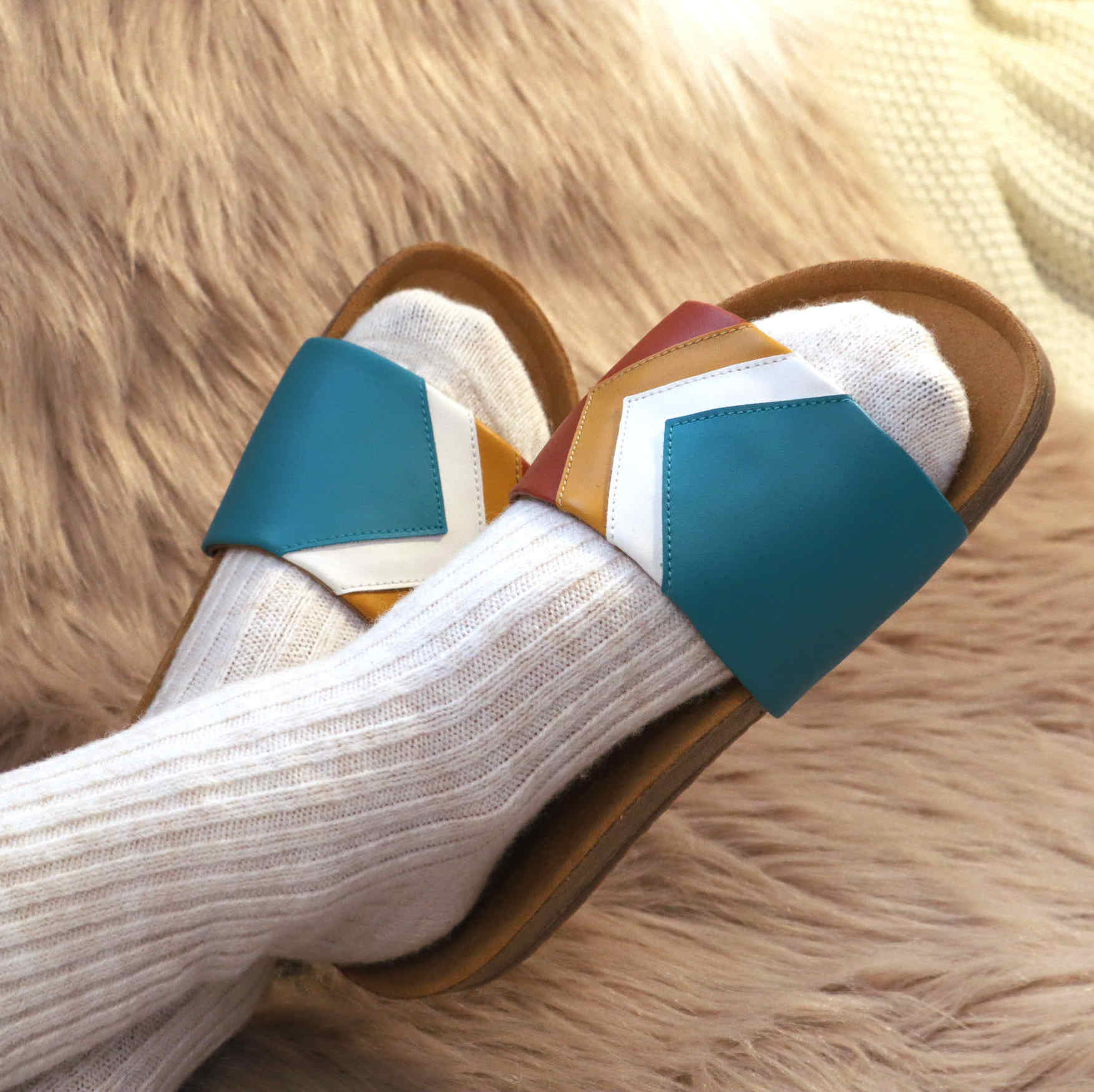 Premium vegan sandals in turquoise ocean white mustard terracotta, comfortable straps, soft footbed, slip-resistant sole, eco-friendly by Fünve at brixbailey.com