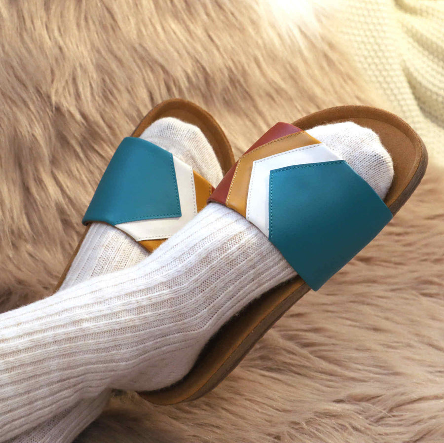 Premium vegan sandals in turquoise ocean white mustard terracotta, comfortable straps, soft footbed, slip-resistant sole, eco-friendly by Fünve at brixbailey.com