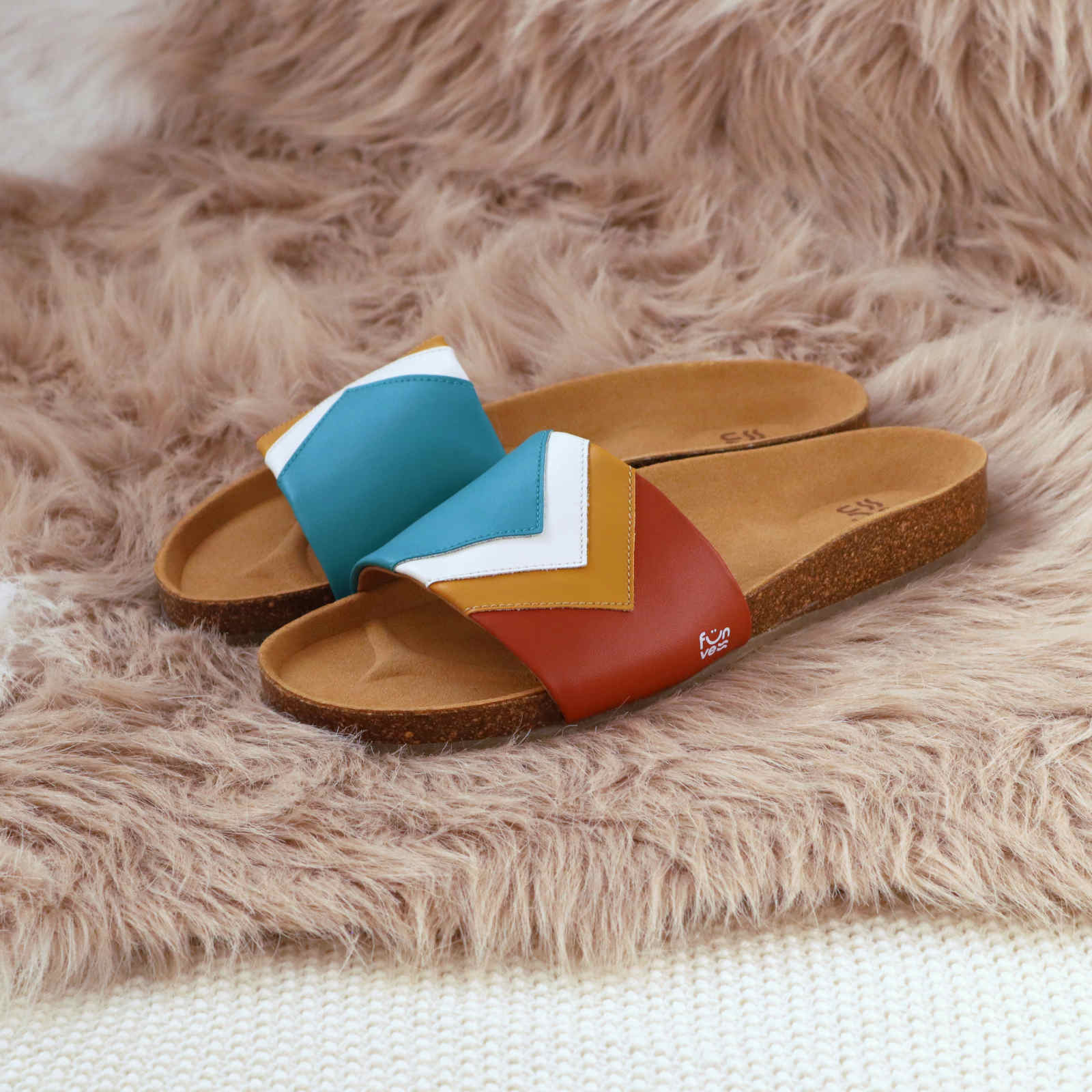 Premium vegan sandals Sunset in turquoise, white, mustard, terracotta - comfortable strap, soft footbed, slip-resistant sole by Fünve at brixbailey.com