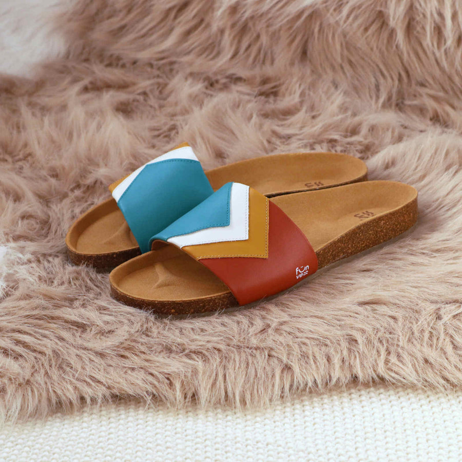 Premium vegan sandals Sunset in turquoise, white, mustard, terracotta - comfortable strap, soft footbed, slip-resistant sole by Fünve at brixbailey.com