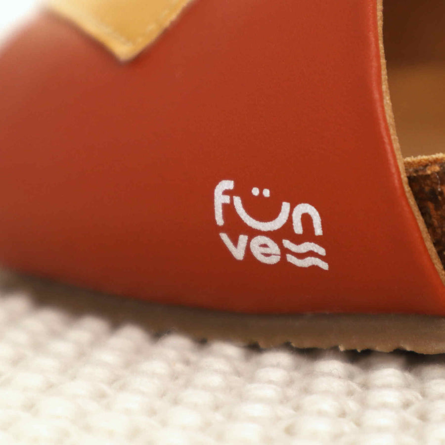 Premium vegan sandals in turquoise ocean white mustard terracotta, comfortable strap, soft anatomical footbed, slip-resistant sole by Fünve at brixbailey.com