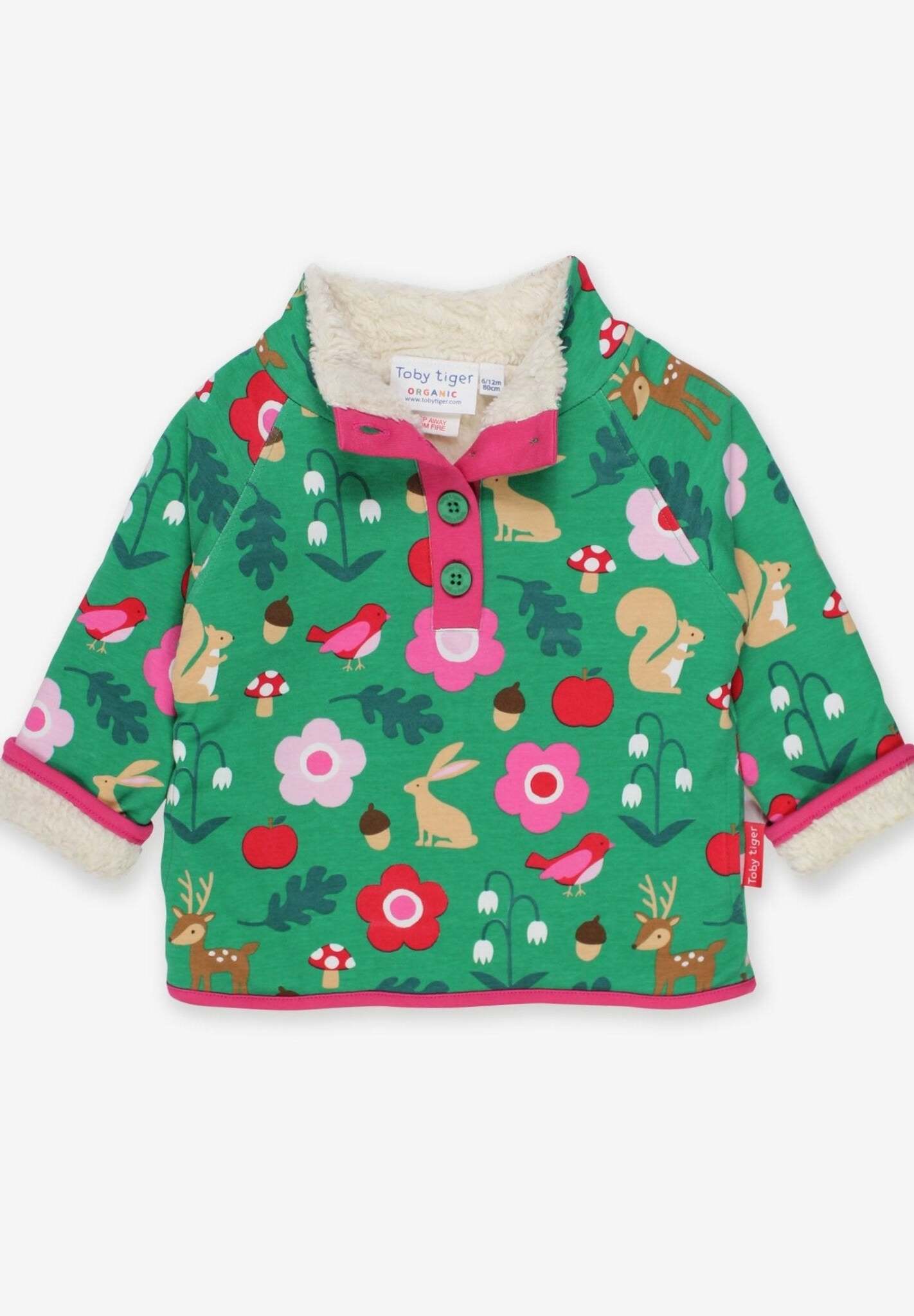 Premium Organic Cotton Kids Fleece Sweatshirt with Fun Forest Animal Print and Stand Collar by Toby Tiger at brixbailey.com