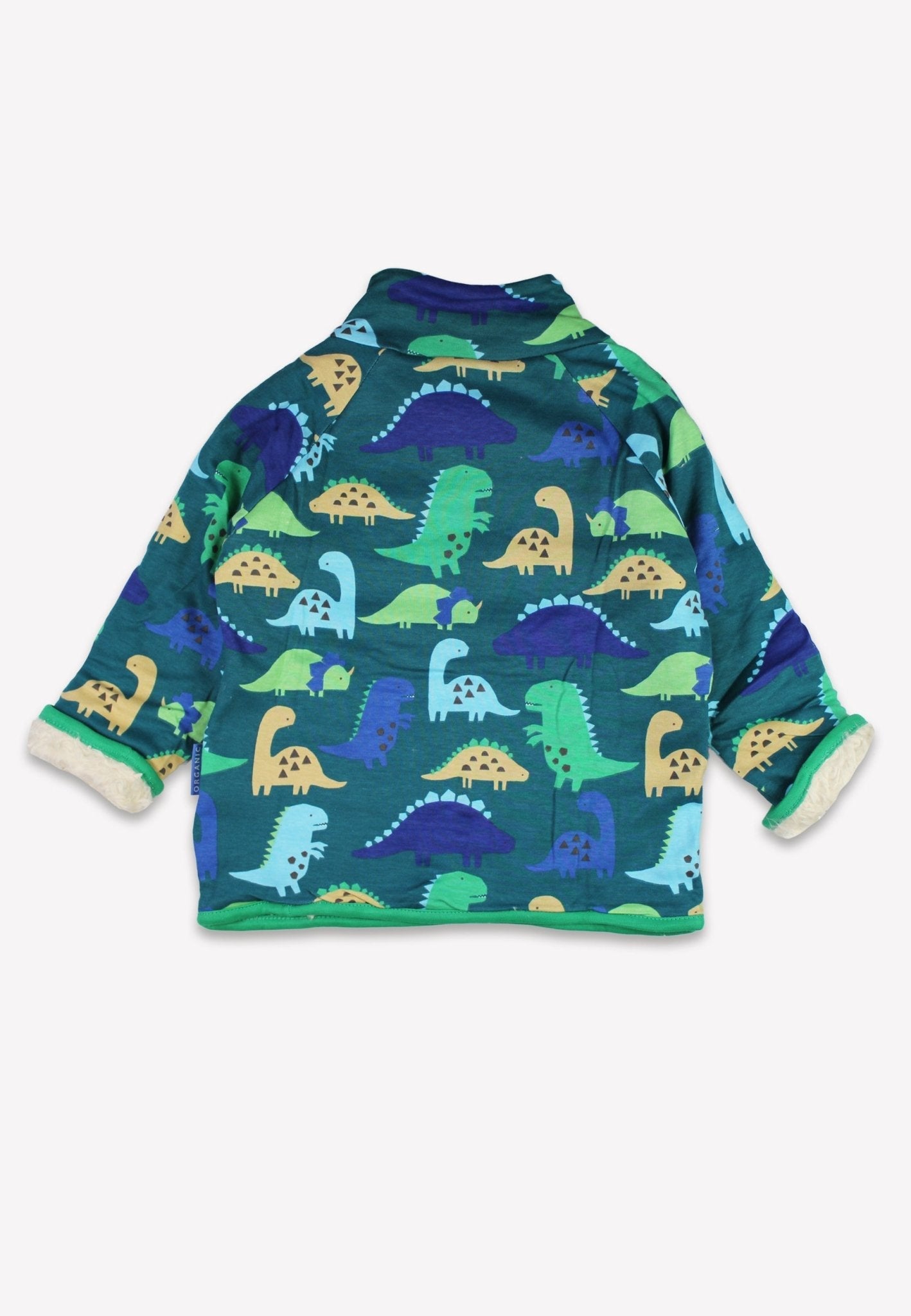 Premium kids fleece sweatshirt with dinosaur print in green, gray, and blue tones, soft organic cotton lining, stylish and cozy by Toby Tiger at brixbailey.com