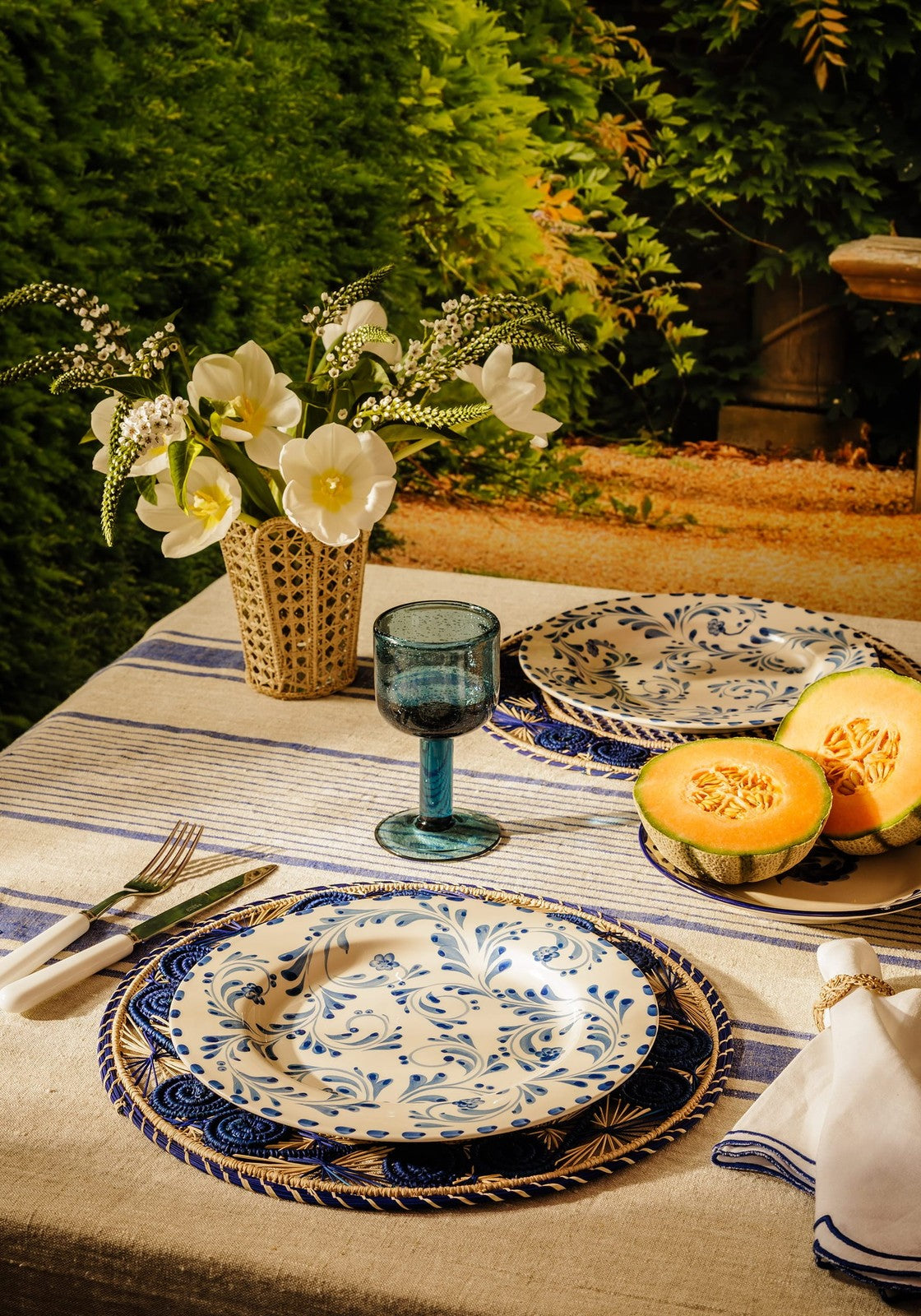 Amelia Linen Tablecloth, Blue Stripe