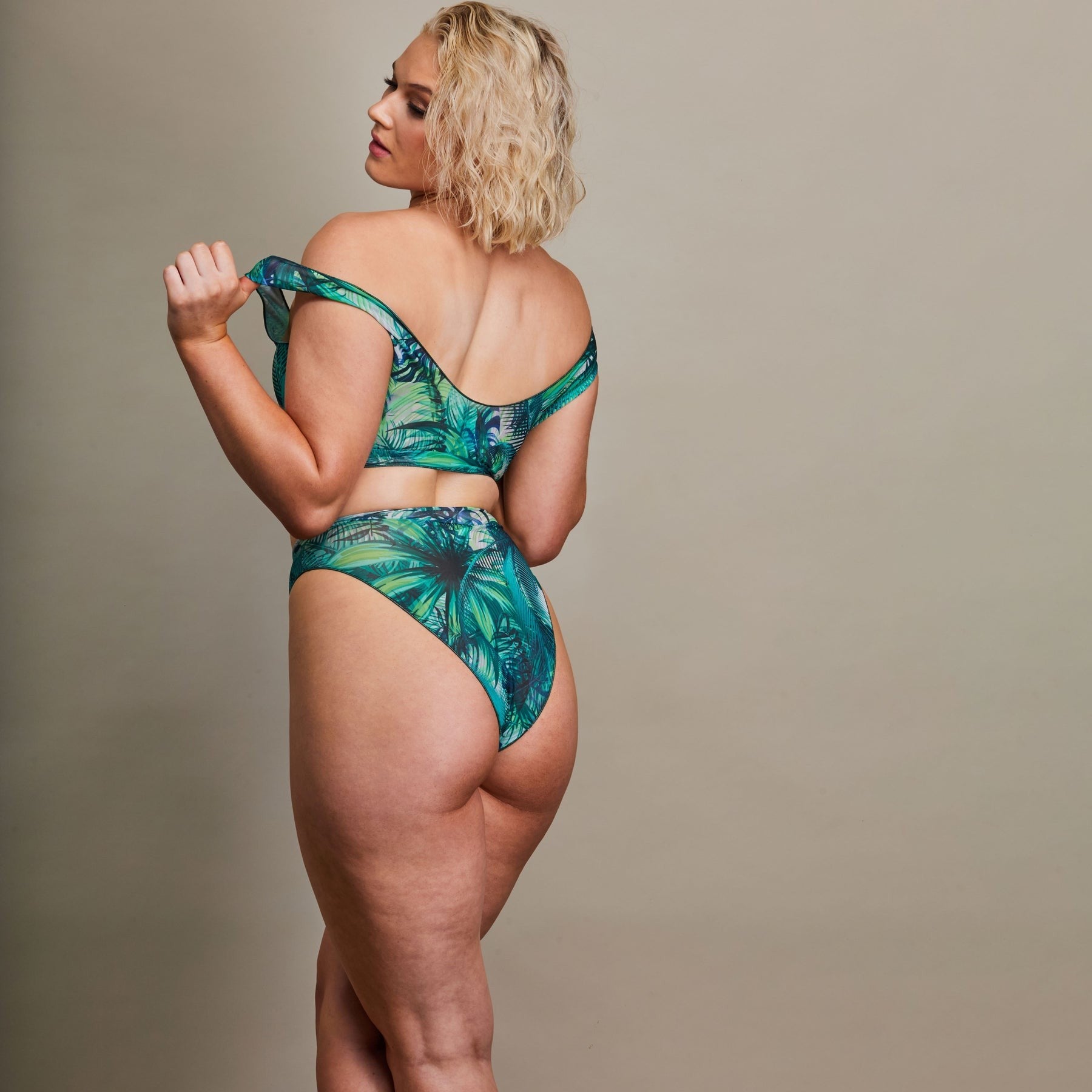 Tan Through Crop Top Bikini Set in Tropical Palm Green