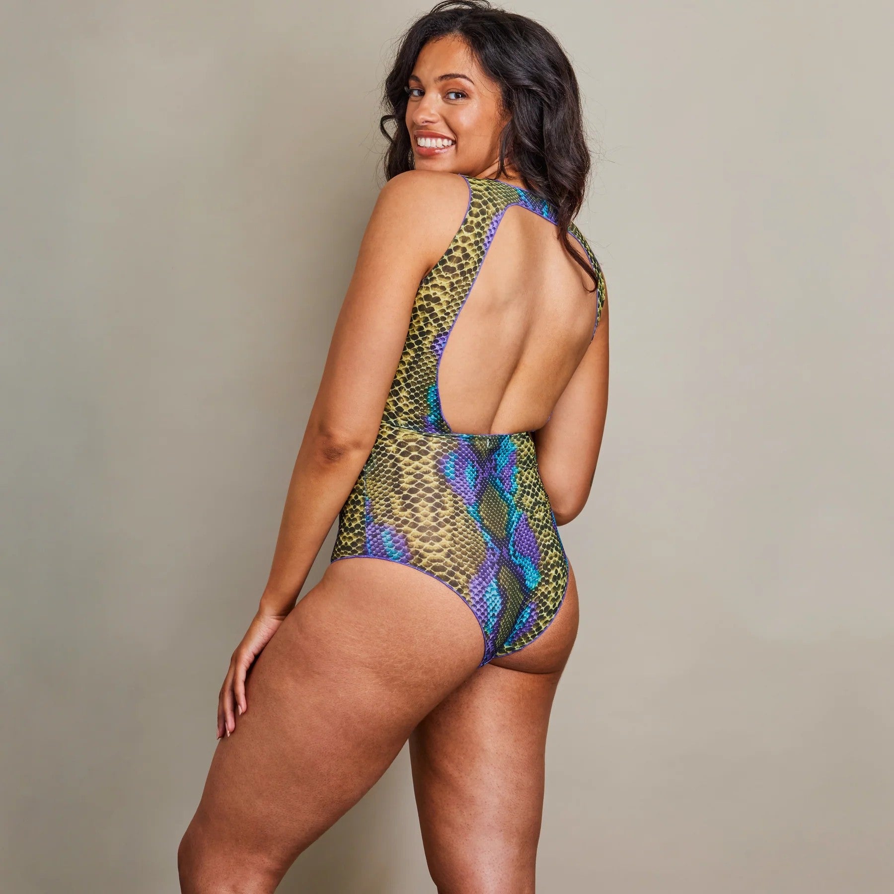 Tan Through One Piece Swimsuit in Dark Multi