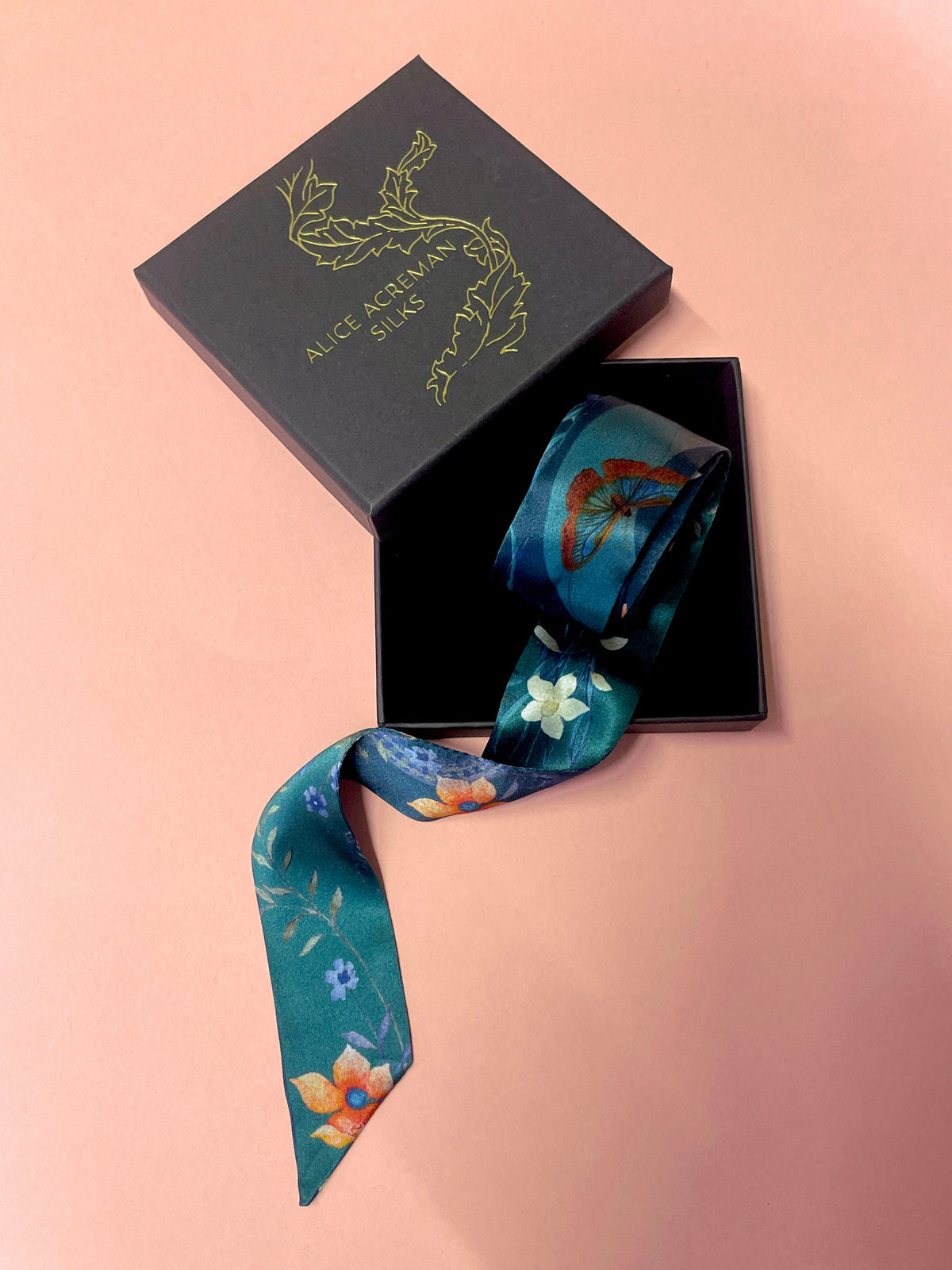 Teal Silk satin 'Morpho' Ultra Skinny silk scarf with butterflies and flowers
