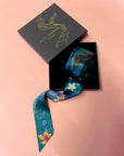 Teal Silk satin 'Morpho' Ultra Skinny silk scarf with butterflies and flowers