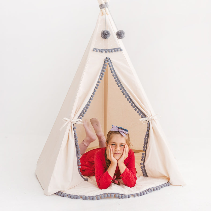 MINICAMP Kids' Teepee with Grey Pompoms - Cozy Cotton Play Tent for Little Adventurers by Minicamp at brixbailey.com