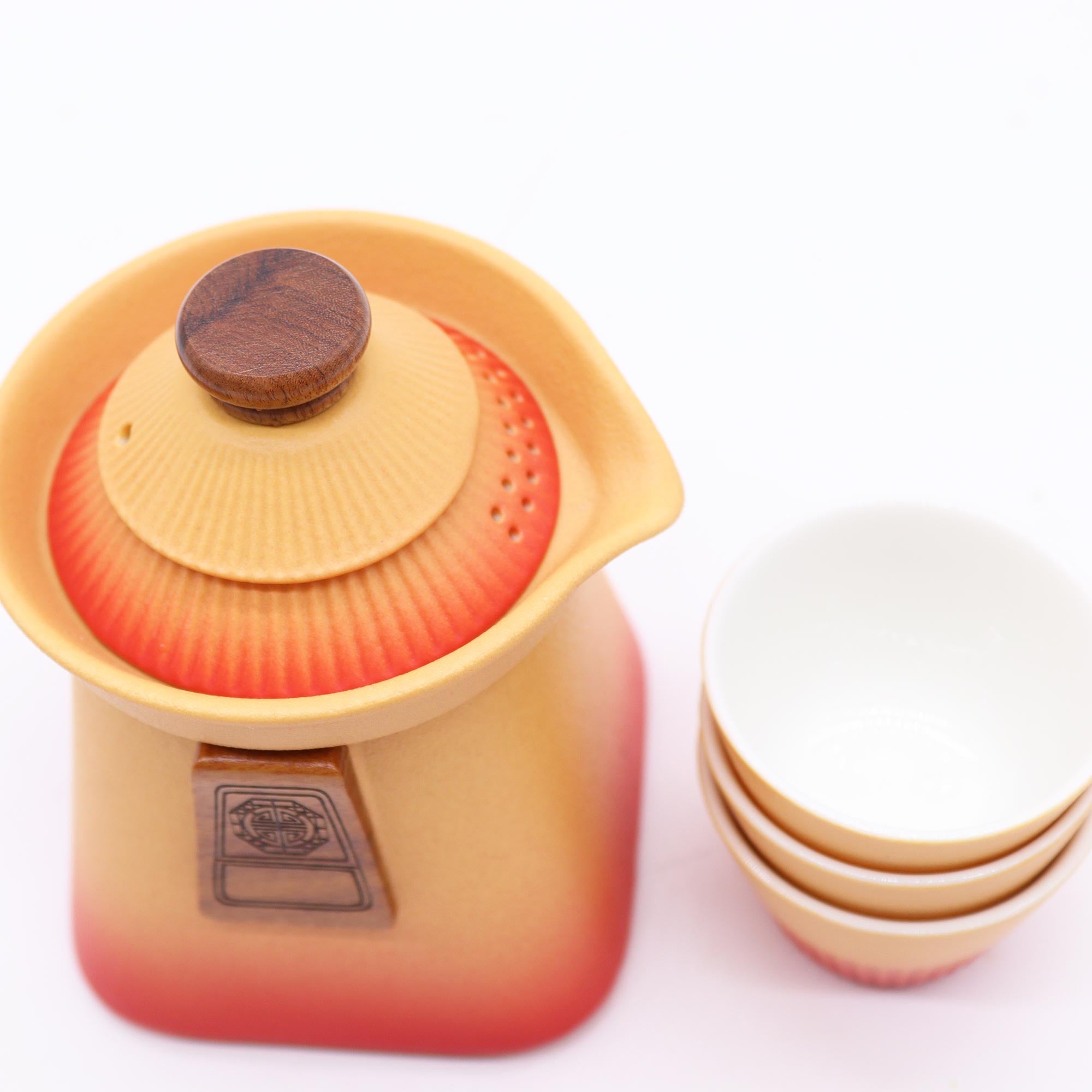 Temple Teapot Set &amp; Three Cups - Orange Earth