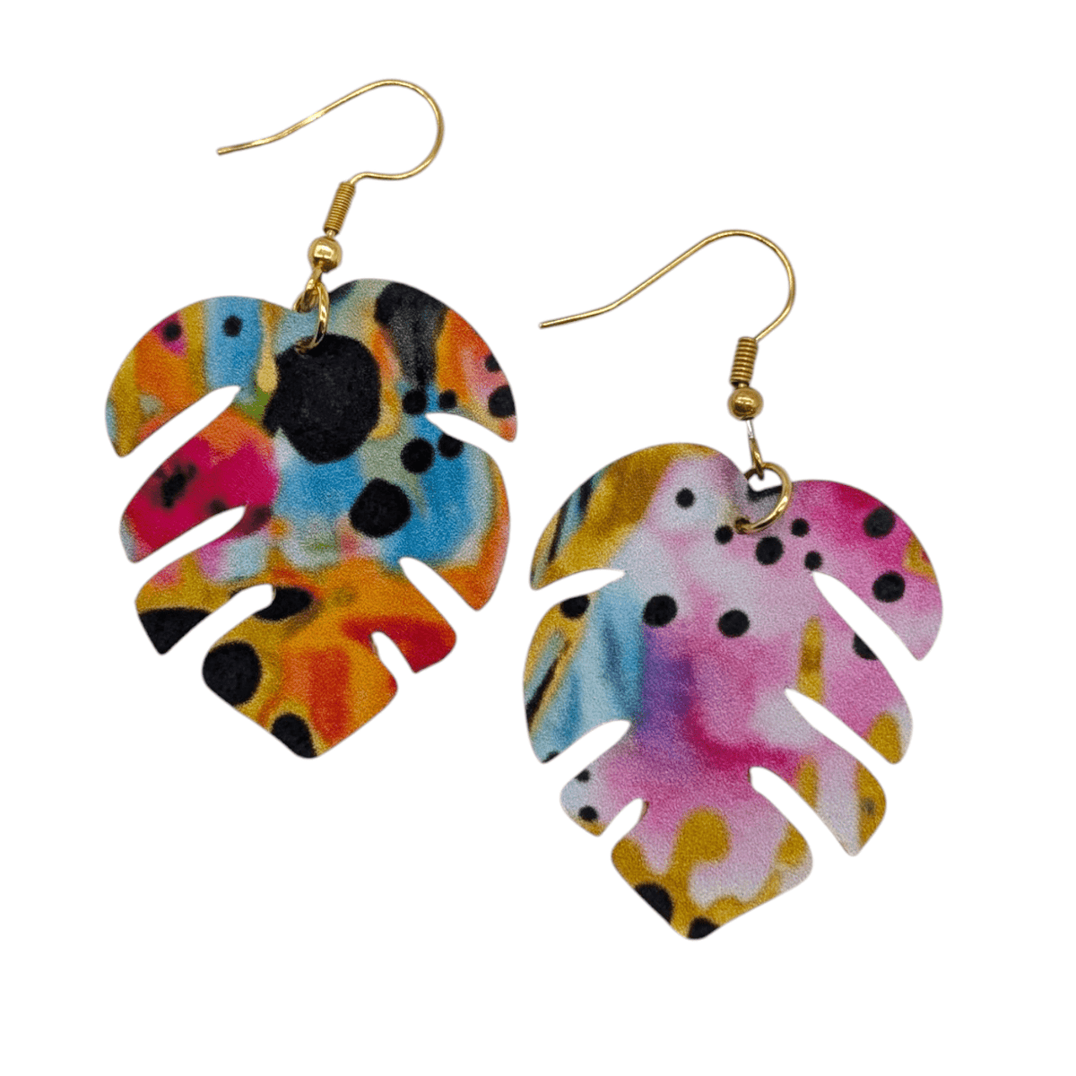 Rainbow monstera leaf earrings