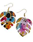 Rainbow monstera leaf earrings