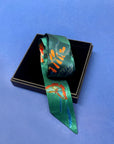 Teal Silk satin 'Morpho' Ultra Skinny silk scarf with butterflies and flowers