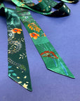 Teal Silk satin 'Morpho' Ultra Skinny silk scarf with butterflies and flowers