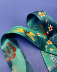 Teal Silk satin 'Morpho' Ultra Skinny silk scarf with butterflies and flowers