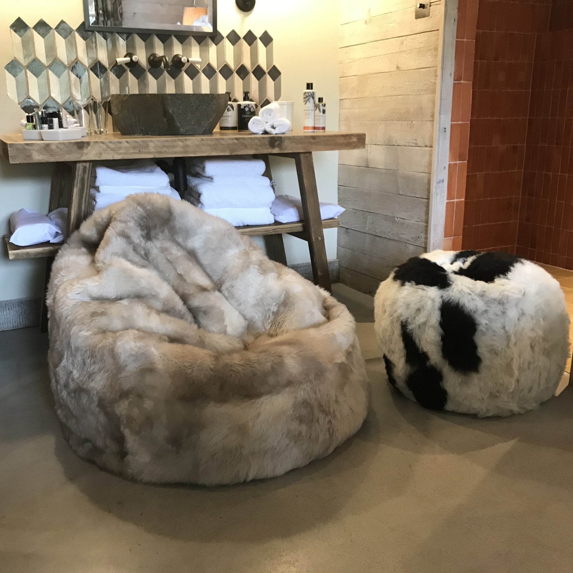 Luxury Boule Icelandic sheepskin pouffe, premium 50mm shorn grey sheepskin, stylish footstool or boudoir seat, handcrafted and sustainable by Wildash London at brixbailey.com