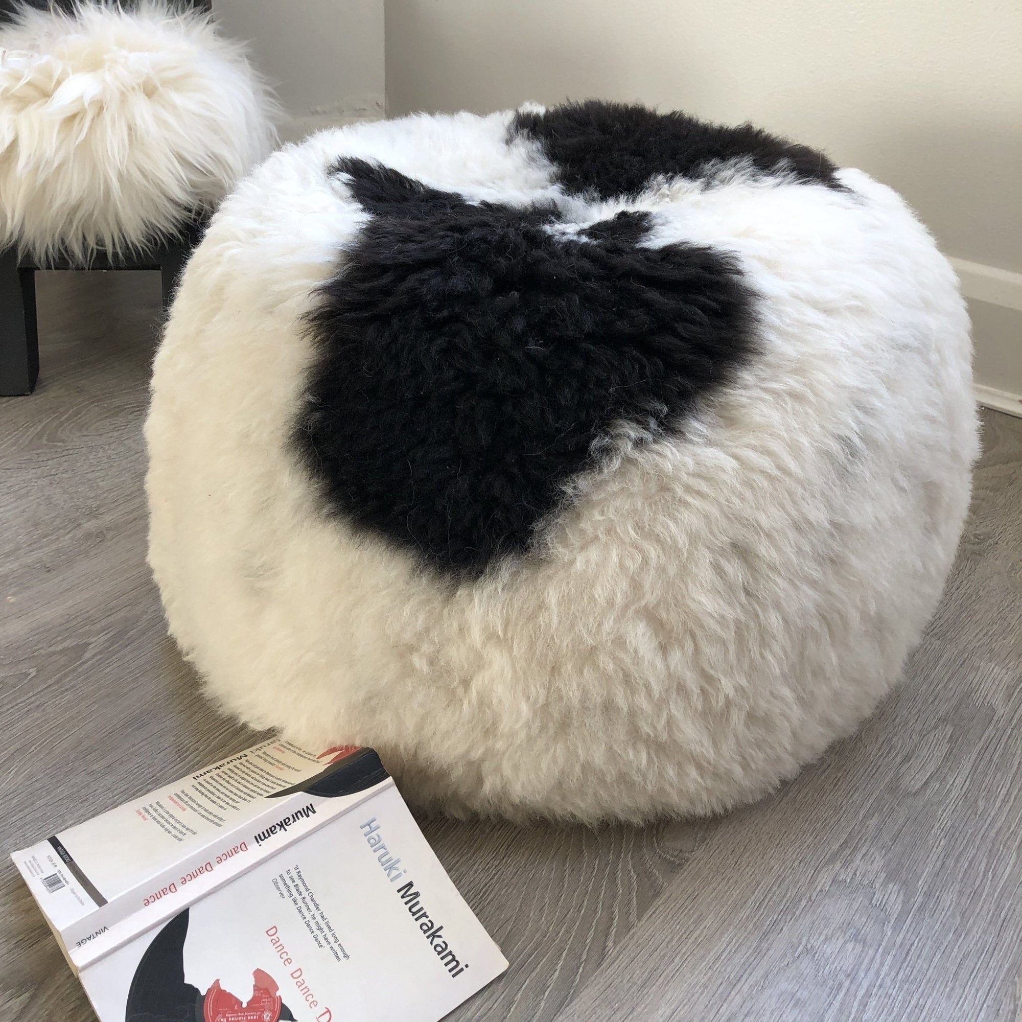 Luxury Boule Icelandic sheepskin pouffe, premium 50mm shorn grey sheepskin, stylish round footstool or boudoir seat, handcrafted natural hypoallergenic wool by Wildash London at brixbailey.com
