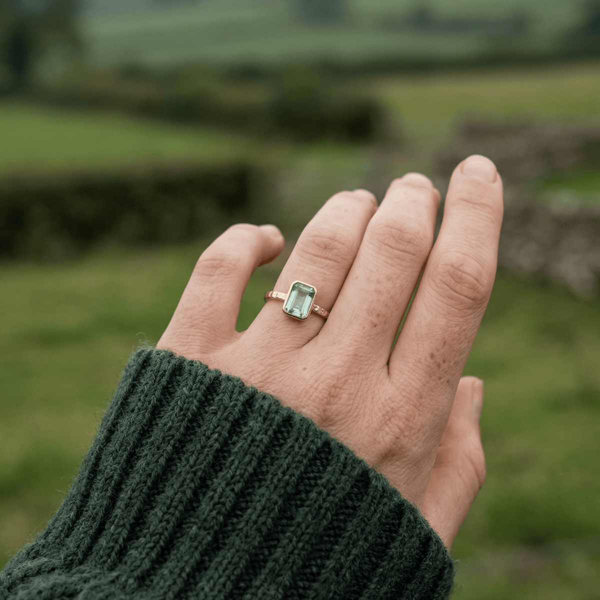 Tidewashed Green Quartz Ring - Octagonal Gemstone &amp; Hammered Band