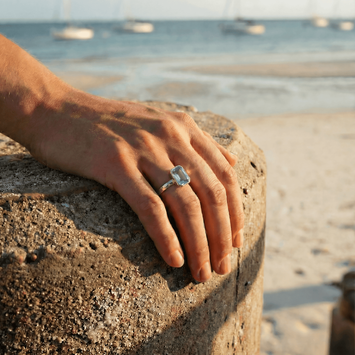 Tidewashed Sky Blue Topaz Ring – Octagonal Gemstone &amp; Hammered Band