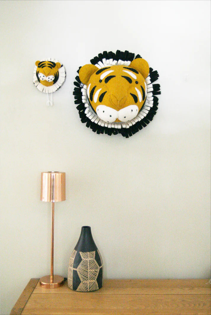 Luxury handcrafted felt tiger head wall decor, premium organic wool safari animal head for kids room, stylish beaded eyes by Ella James at brixbailey.com