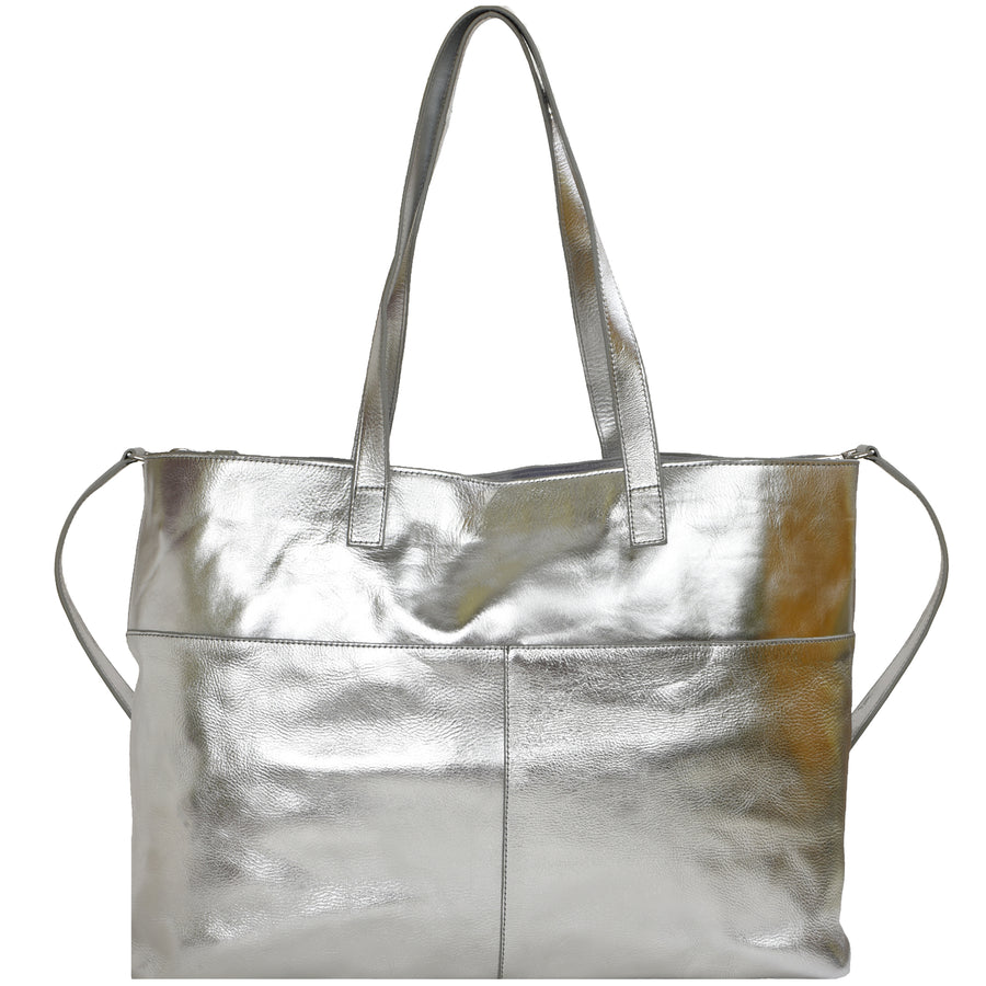 Silver Metallic Horizontal Leather Tote Ethical Brand Brix and Bailey
