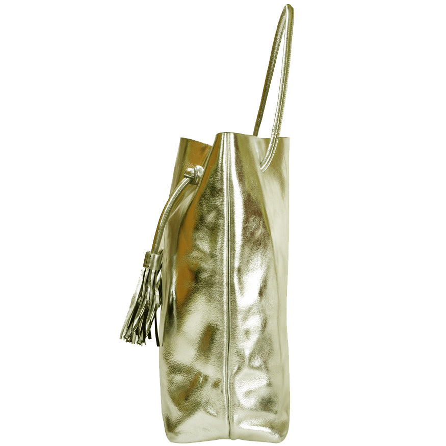 Gold Drawcord Metallic Leather Hobo Shoulder Bag Brix Bailey Ethical Sustainable Metallic Bag 