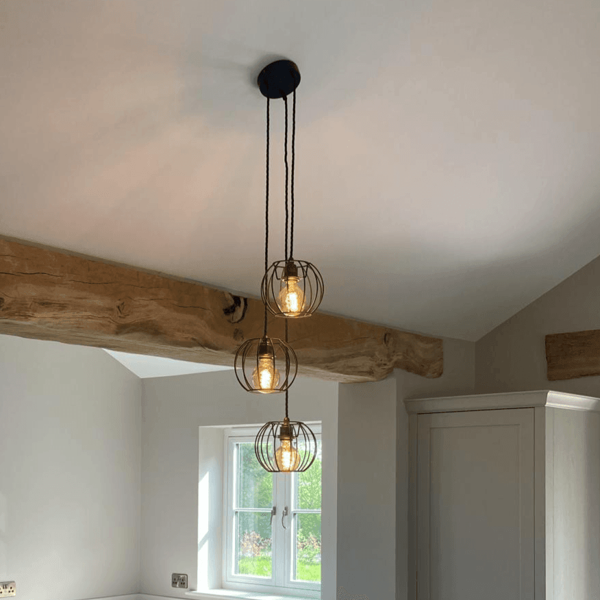 Triple Pendant Light with Pumpkin Cage Shades | Kitchen Island & Stairwell Lighting
