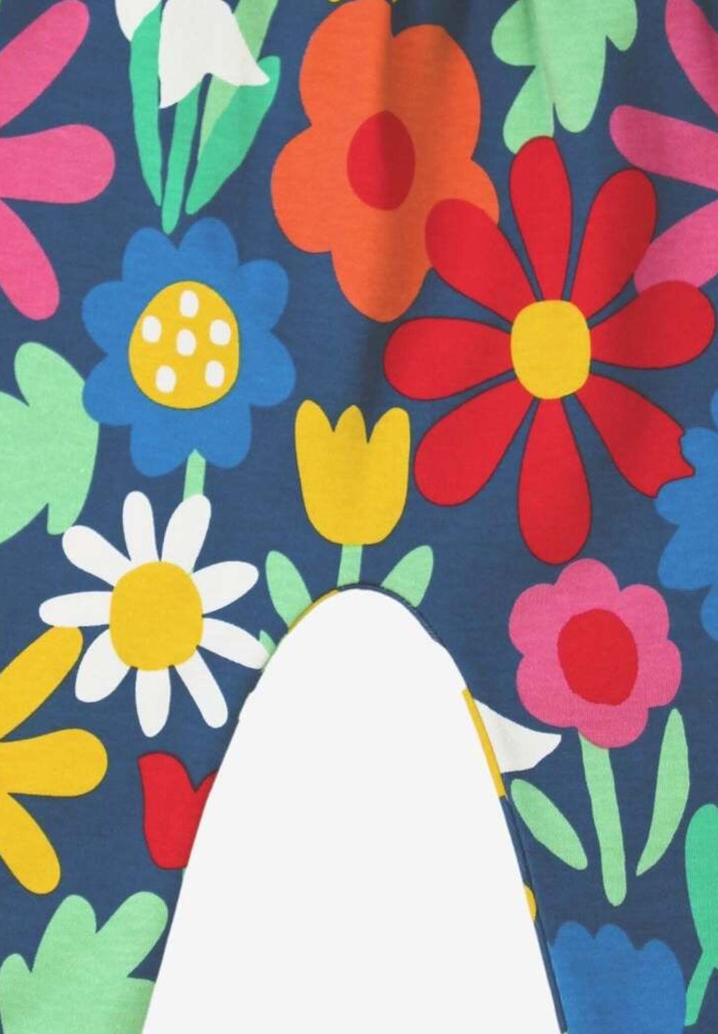 Premium organic cotton kids yoga pants with floral print, dark blue with snowdaisies tulips, soft comfortable elastic waistband by Toby Tiger at brixbailey.com