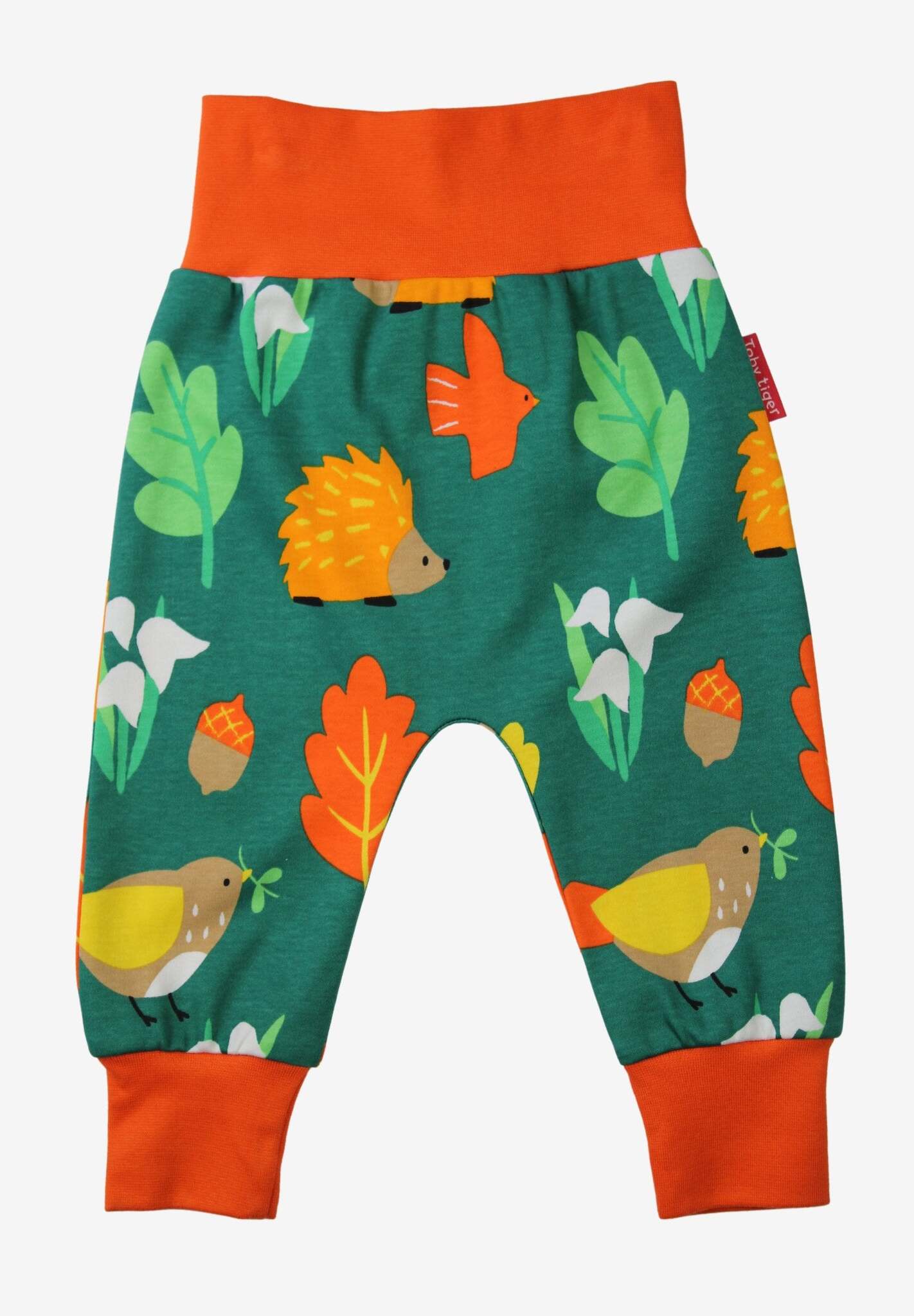 Bright colorful organic kids yoga pants with hedgehog bird leaf snowdrop autumn print, premium soft GOTS certified cotton by Toby Tiger at brixbailey.com