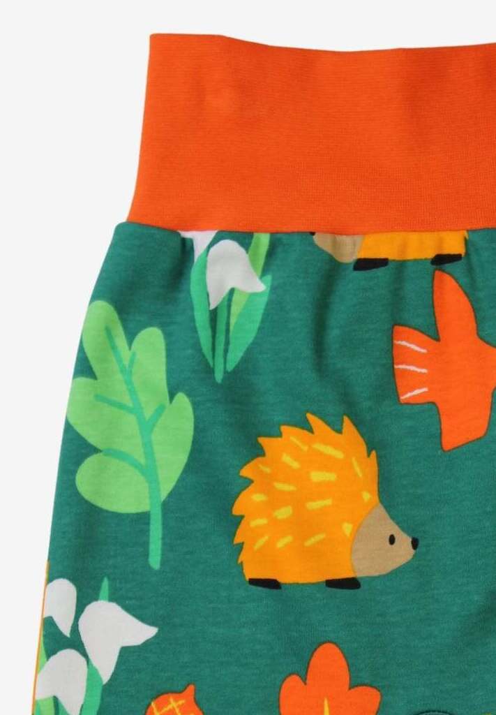 Bright colorful organic kids yoga pants with hedgehog bird leaf snowdrop autumn print, premium soft GOTS certified cotton by Toby Tiger at brixbailey.com