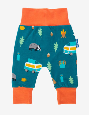Premium organic cotton kids yoga pants with campervan print, soft stretchy comfortable autumn forest design, GOTS certified by Toby Tiger at brixbailey.com
