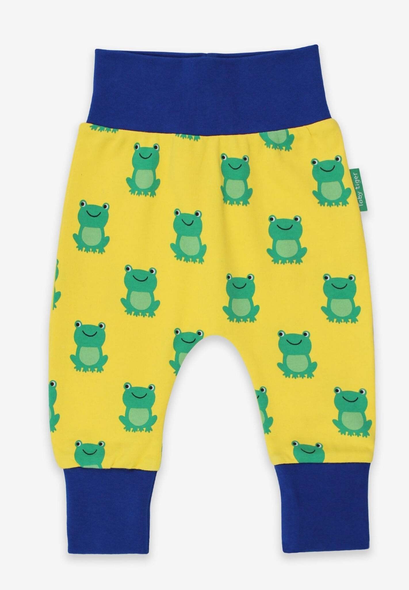 Premium baby pants with frog applique, soft organic cotton, stylish Toby Tiger design, elastic waistband, GOTS certified by Toby Tiger at brixbailey.com