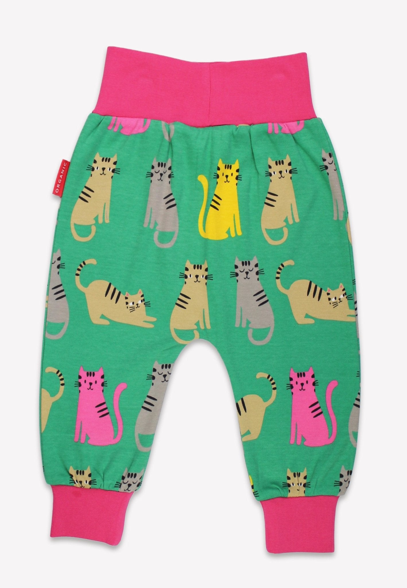 Premium Green Kitten Print Yoga Pants for Kids, Soft Organic Cotton Playdate Outfit with Comfort Waist and Pink Cuffs by Toby Tiger at brixbailey.com