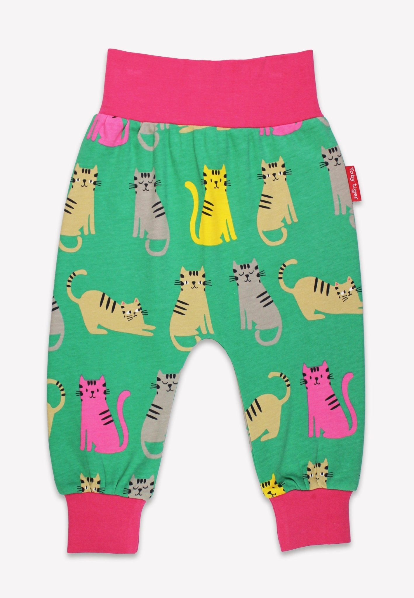 Premium Green Kitten Print Yoga Pants for Kids, Soft Organic Cotton Playdate Outfit with Comfort Waistband by Toby Tiger at brixbailey.com