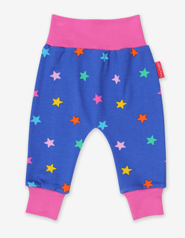 Premium Baby Pants in Blue with Colorful Star Print, 100% Organic Cotton, Comfortable Waistband, Eco-Friendly Dye by Toby Tiger at brixbailey.com