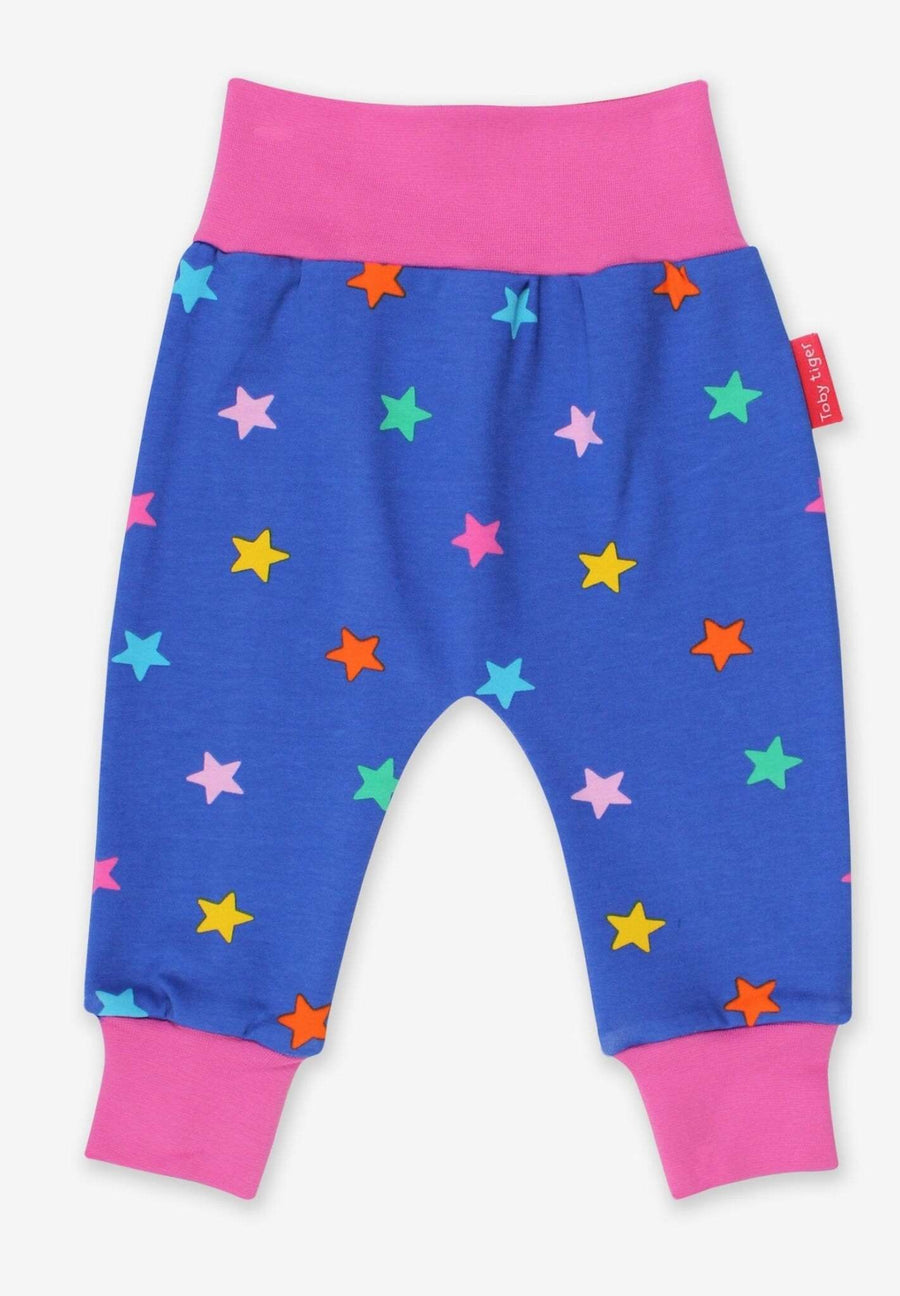 Premium Baby Pants in Blue with Colorful Star Print, 100% Organic Cotton, Comfortable Waistband, Eco-Friendly Dye, Toby Tiger Design by Toby Tiger at brixbailey.com