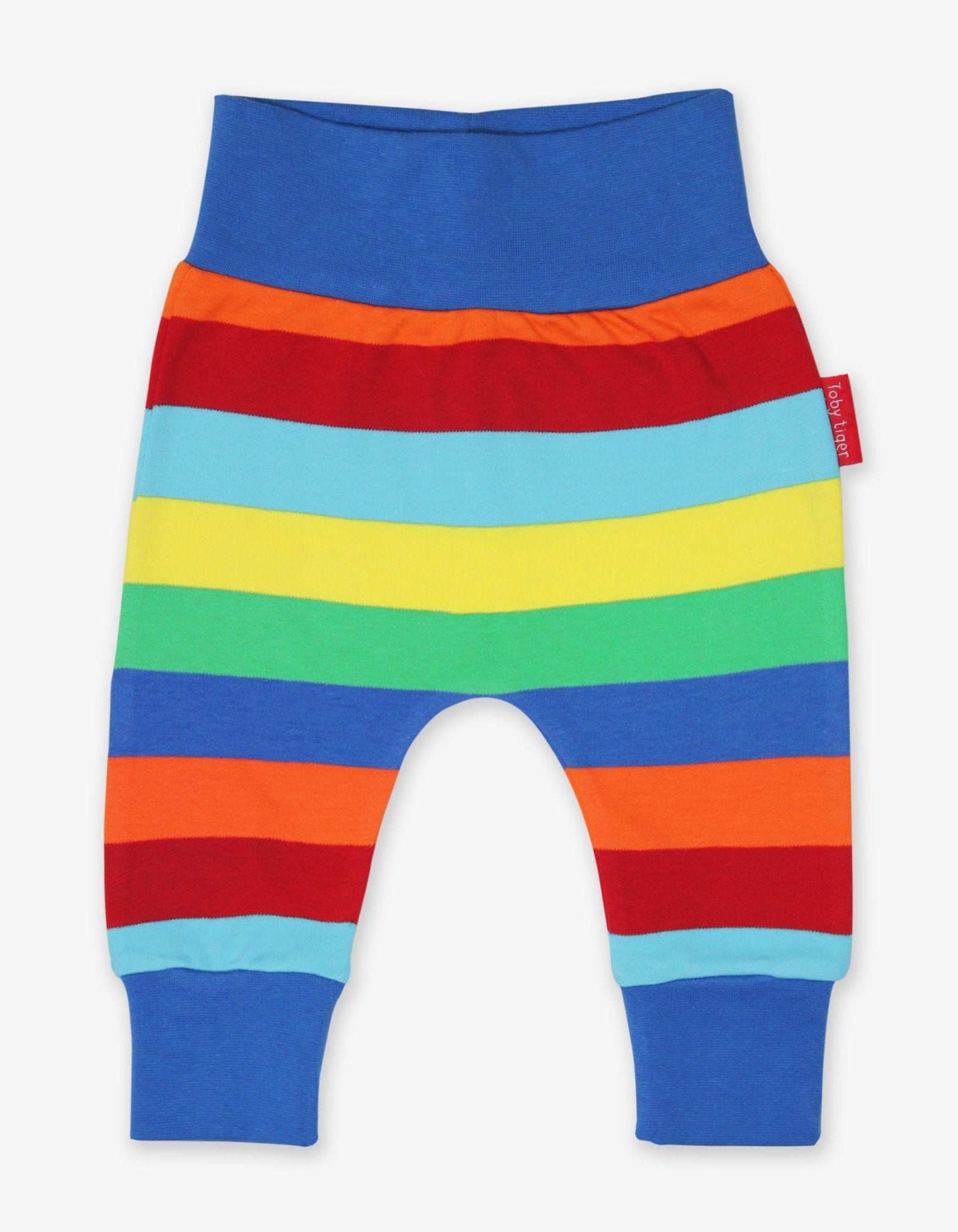 Premium organic cotton baby yoga pants with timeless multi-stripes, super soft and comfortable, GOTS certified, elastic waist and ankle bands by Toby Tiger at brixbailey.com