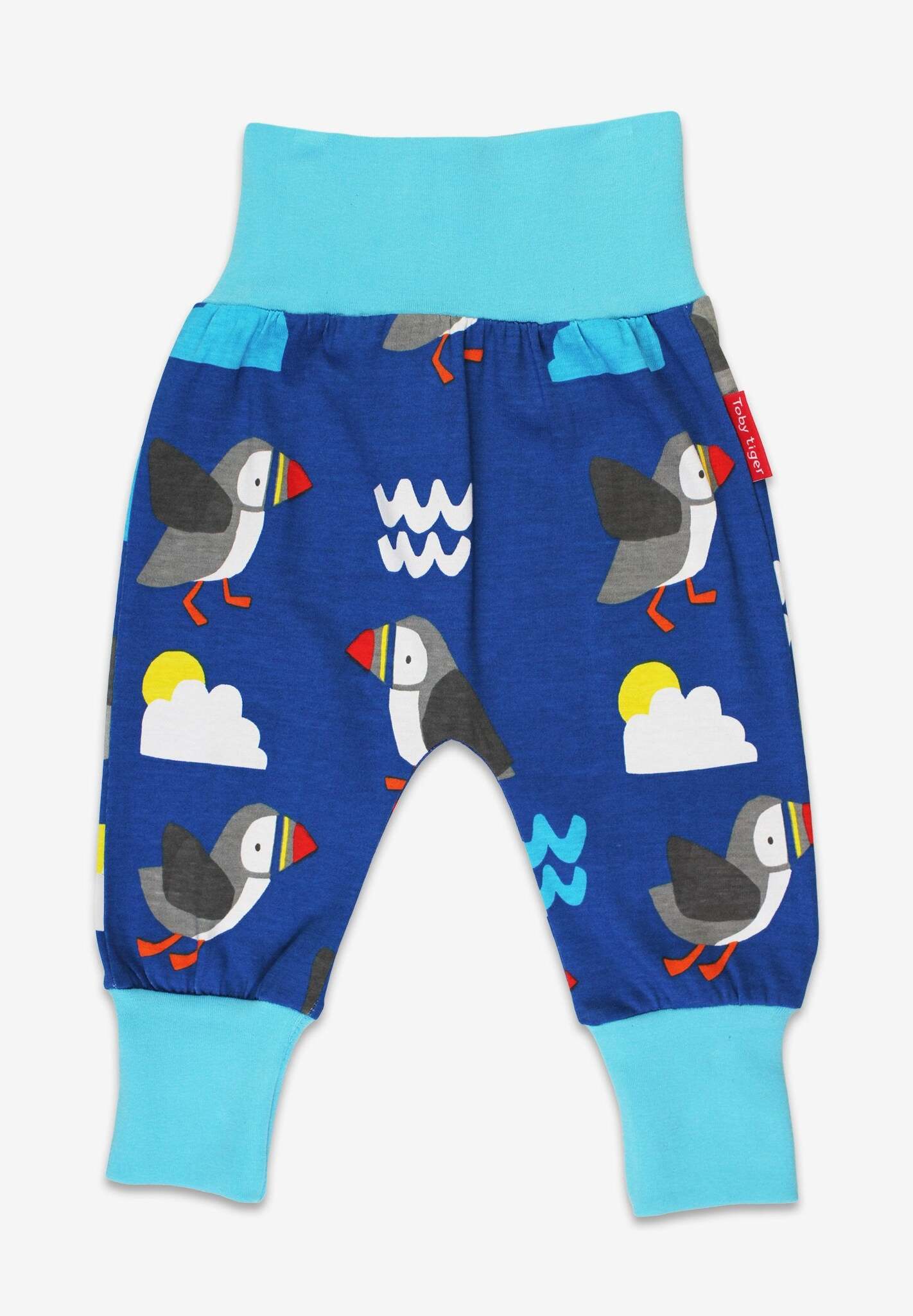 Stylish Organic Yoga Pants with Playful Parrot Print, Sun, Clouds, and Waves, Comfortable Fold-Over Waistband, GOTS Certified Cotton by Toby Tiger at brixbailey.com