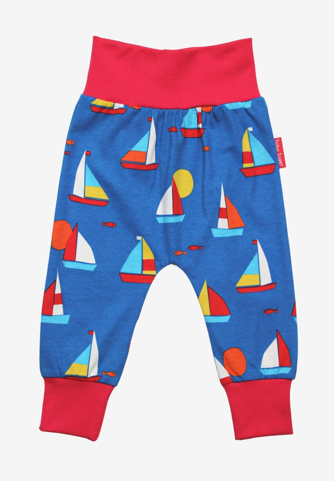 Premium organic cotton kids yoga pants with sailboat print, red waistband, stylish and comfortable for active play by Toby Tiger at brixbailey.com